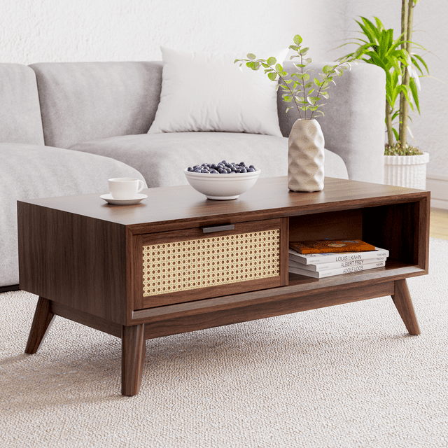 Jassy Solid Wood Coffee Table 2 Alternate Rattan Drawers, Brownie