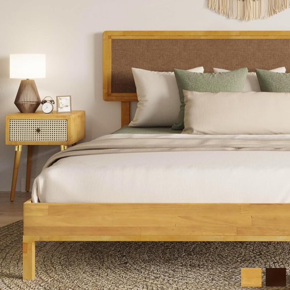 Bme Nipe 14 Inch Bohemian Bed Frame with Adjustable Woven Headboard - Rustic & Vintage Unique Style with Acacia Wood - No Box Spring Needed - Easy Assembly - Full, Natural