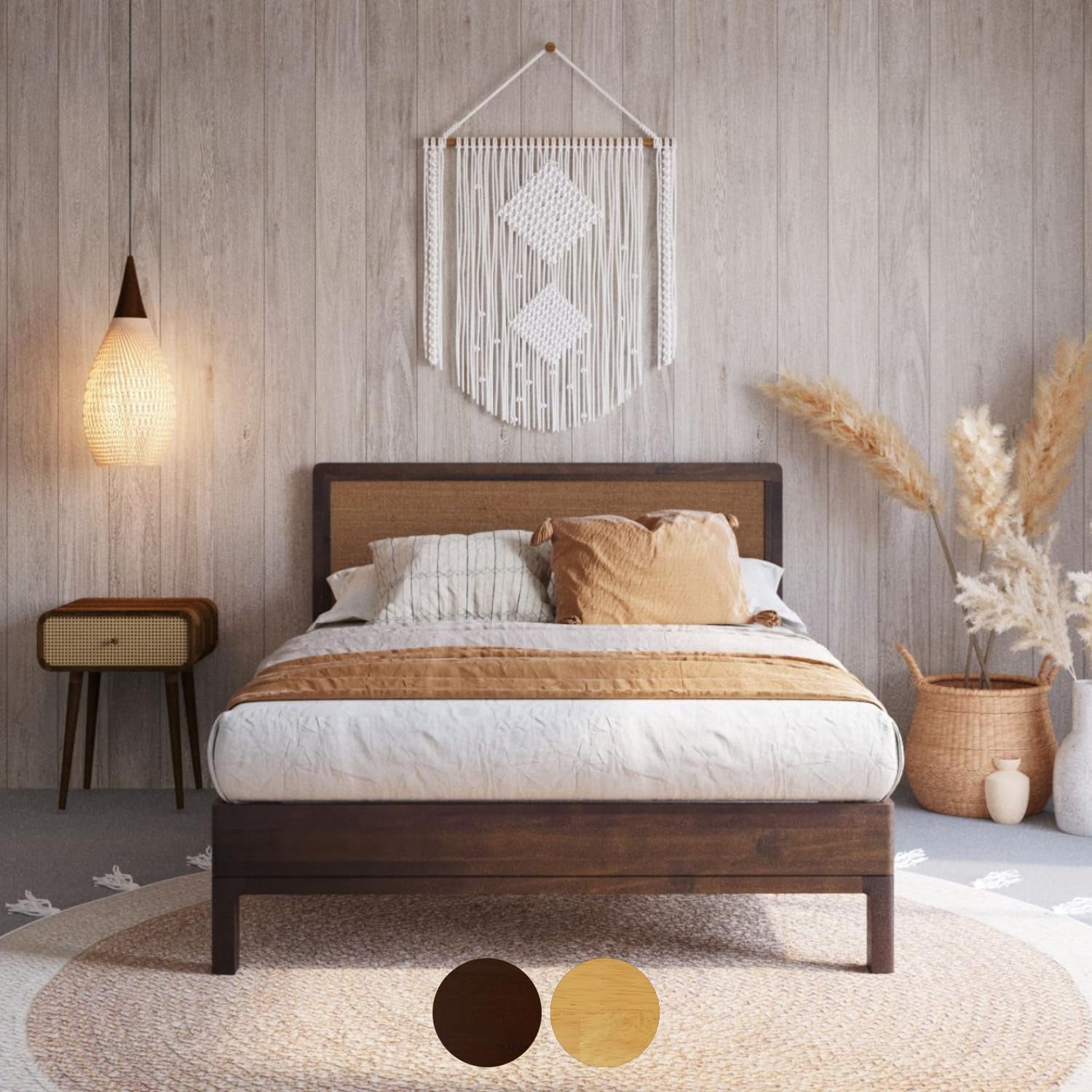 Bme Nipe (New) 14 Inch Deluxe Bed Frame with Adjustable Headboard Rustic & Bohemian Unique Style with Acacia Wood - No Box Spring Needed - 12 Strong Wood Slat Support - Easy Assembly (Walnut, Full)