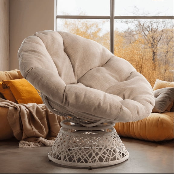 Bme Papasan Chair with Fabric Cushion, Metal Swivel Base, Crema Foam - White Frame