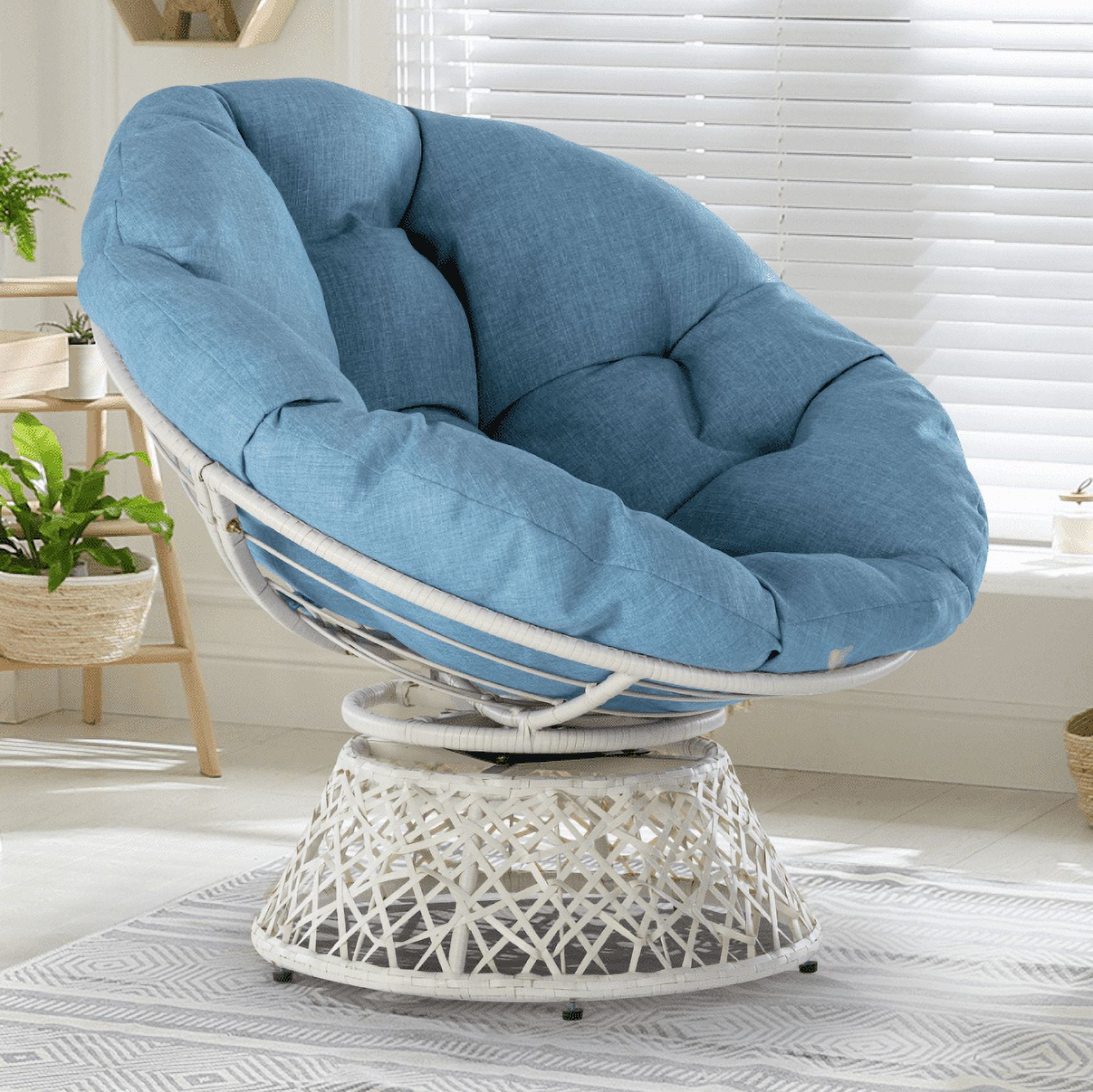 Bme Papasan Chair with Fabric Cushion, Metal Swivel Base, Turquoise Gem - White Frame