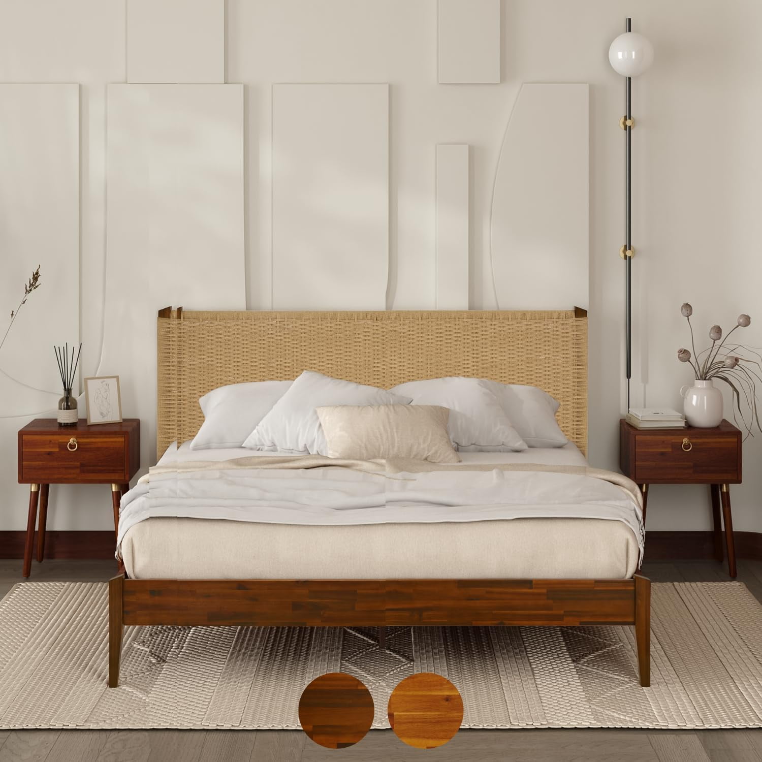 Bme Selina Wood Platform Bed Frame Handcrafted Paper Cord Unique Headboard No Box Spring Needed 12 Strong Wood Slats Support Easy Assembly
