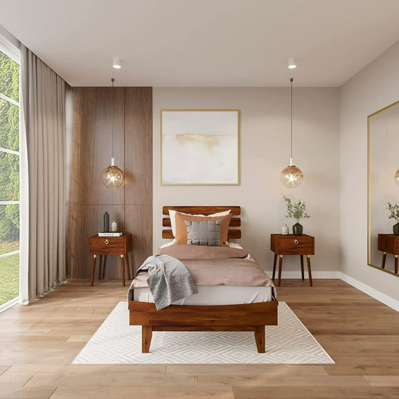 Bme Twin Size | Caden 40x82x15in Deluxe Bed Frame with Adjustable Headboard, Mid Century Style, Acacia Wood, Dark Chocolate