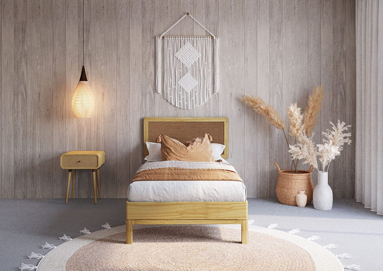 Bme Twin Size Nipe 41x77x14in Deluxe Bed Frame with Adjustable Headboard Bohemian Unique Style Pine Wood Natural