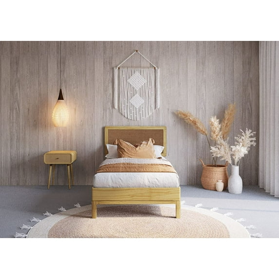 Bme Twin Size | Nipe Deluxe Wooden Bed Frame with Adjustable Headboard, Bohemian Unique Style, Pine Wood, Natural