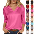thumbnail image 1 of Bmisegm 3/4 Sleeve Tops For Women Casual Loose Fit V Neck Solid Color Pullover Tops For Summer Women's Tops Hot Pink_001 XL, 1 of 7