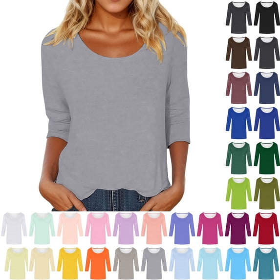 Bmisegm 3/4 Sleeve Tops for Women Casual Solid Color Print Crew Neck T Shirt Everyday Womens Casual Tops Grey XL