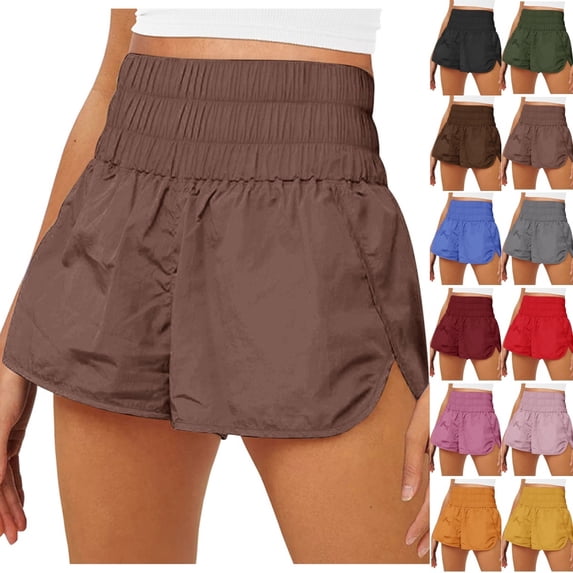 Bmisegm Athletic Shorts for Women Solid Color Quick Dry Workout Elastic Athletic Yoga High Waist Womens Shorts Brown M