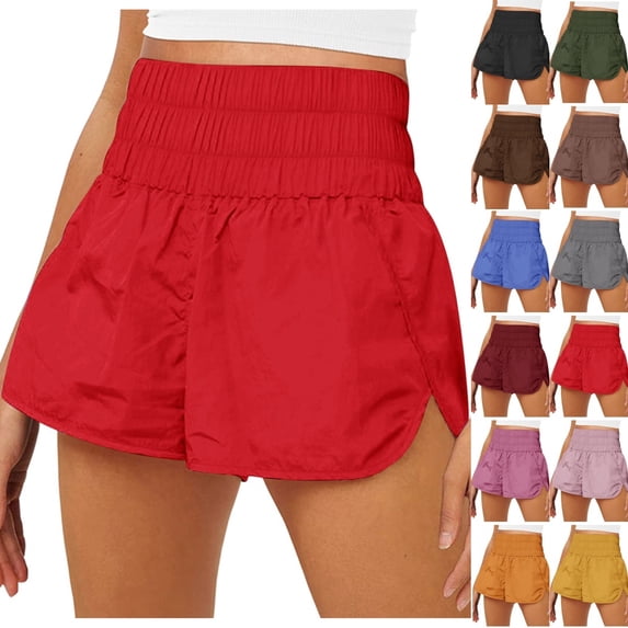 Bmisegm Athletic Shorts for Women Solid Color Quick Dry Workout Elastic Athletic Yoga High Waist Womens Shorts Red S