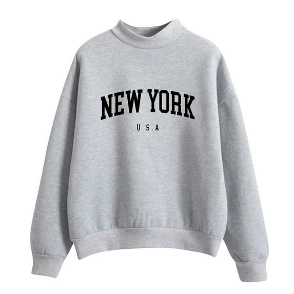 Bmisegm Autumn Winter O Neck Solid Color Prints Long Sleeve Pullover Sweatshirts for Women York Grey M