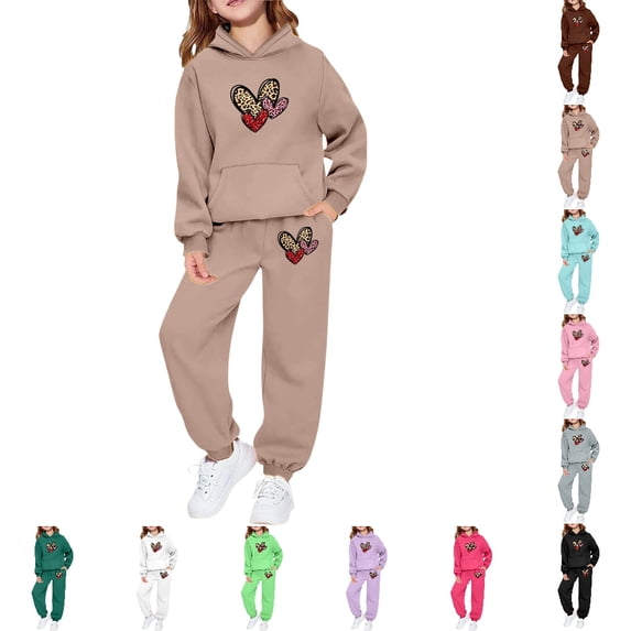 Bmisegm Baby Girl Outfits Valentine Hoodie and Jogger with Leopard Heart Print Cozy Two Piece Outfit for Toddler Kids Girls' Clothing Sets 3-10 Years,02_Khaki,4-5 Years
