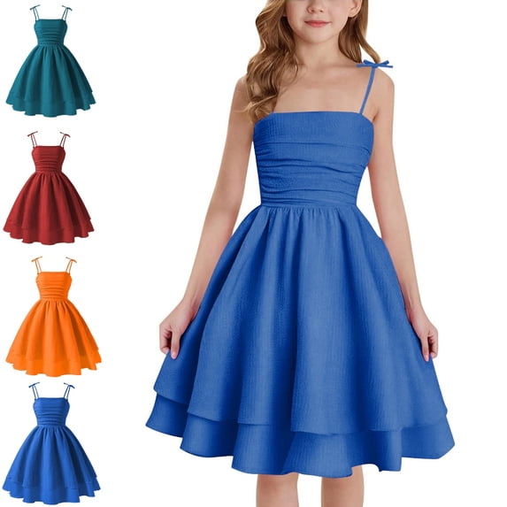 Bmisegm Back to School Outfits for Girls Adjustable Spaghetti Strap Tiered Swing Dress with Tie Detail Smocked Bodice Kids Dress 8-9 Years