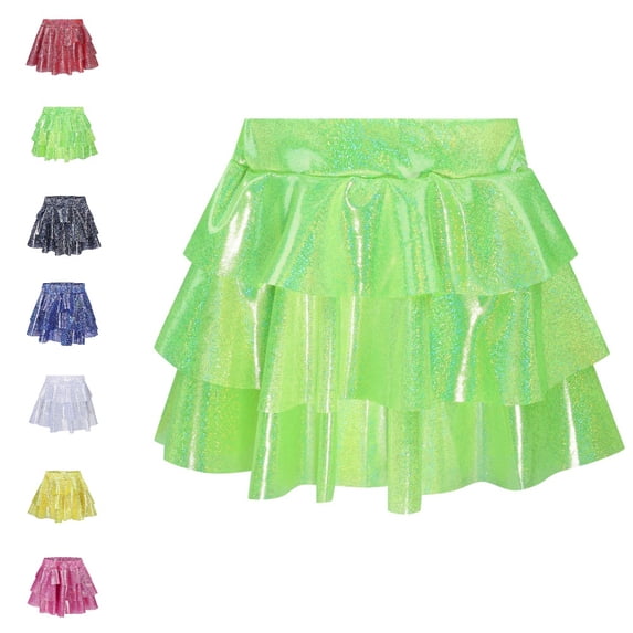 Bmisegm Back to School Outfits for Girls High Waist Elastic Metallic Tiered Ruffle Skirt for Party and Christmas Performance Girls Skirt 8-9 Years