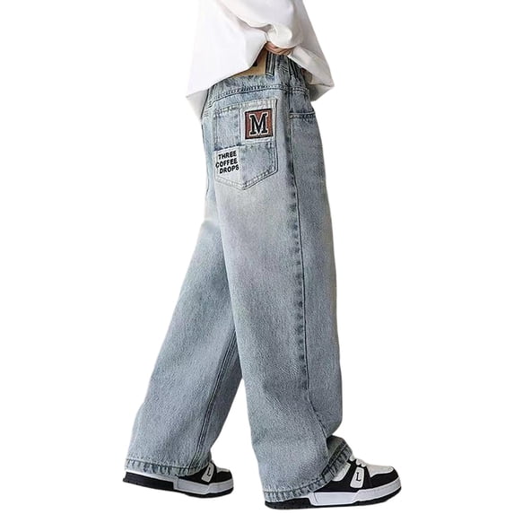 Bmisegm Boys Baggy Pants Wide Leg Elastic Waist and Multiple Pockets Cargo Jeans Denim Trousers for Children Loose Pants Age 4-12,Light Blue,10-11 Years