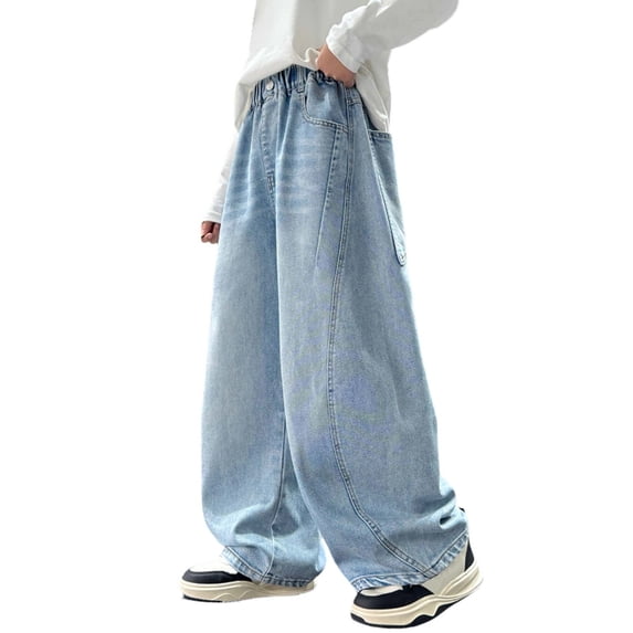 Bmisegm Boys Cargo Pants Cartoon Embroidery Wide Leg Autumn Straight Fitting Loose Long Jeans for Middle Size Children Trousers for Boys 7-15Y Blue_003,9-10 Years