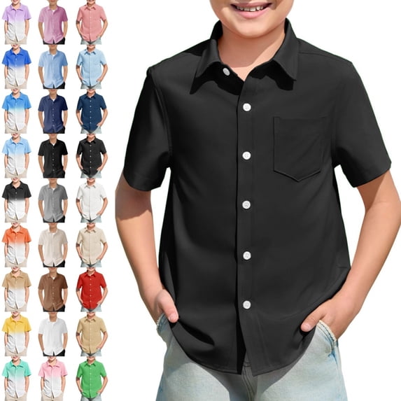 Bmisegm Boys Shirts Girls Short Sleeve Solid with Pocket Kids Summer Casual Beach 5-14Y Summer Tops 02_Black,5-6 Years