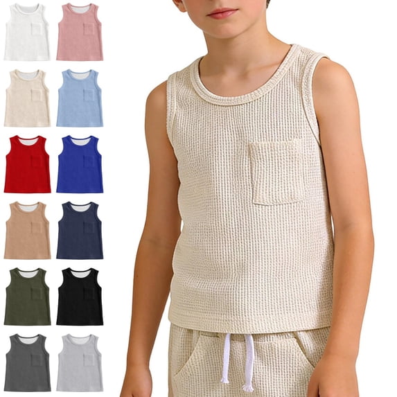 Bmisegm Boys T Shirts Sleeveless Crew Neck Tank with Pockets Casual Athletic Soft Workout Tops Beige,1-2 Years