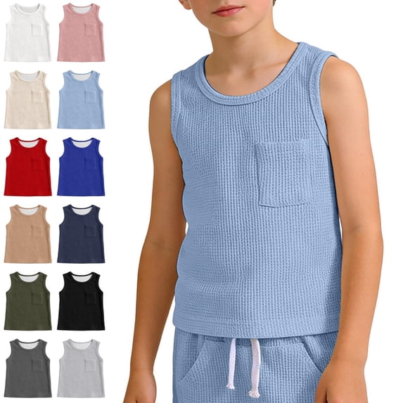 Bmisegm Boys T Shirts Sleeveless Crew Neck Tank with Pockets Casual Athletic Soft Workout Tops Light Blue,2-3 Years