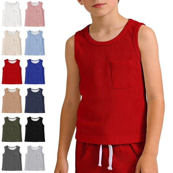 Bmisegm Boys T Shirts Sleeveless Crew Neck Tank with Pockets Casual Athletic Soft Workout Tops Red,1-2 Years
