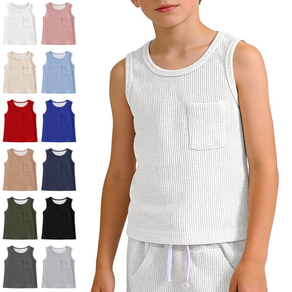 Bmisegm Boys T Shirts Sleeveless Crew Neck Tank with Pockets Casual Athletic Soft Workout Tops White,6-7 Years