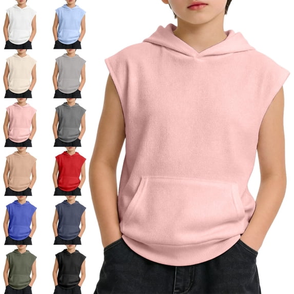 Bmisegm Boys Tshirts Sleeveless Hooded Soft Breathable Casual Athletic Workout Tops Pink,10-11 Years