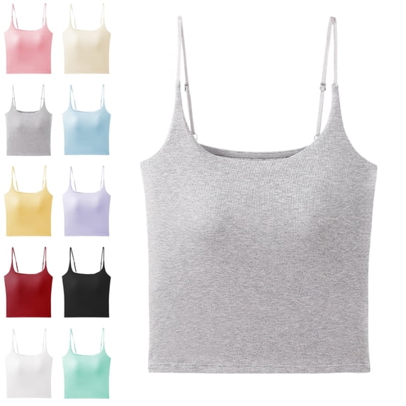 Bmisegm Built in Bra Tank Tops for Women Elegant Solid Color Sleeveless Camisole Slim Straps Relaxed Fit Seamless Back Layering Summer Womens Casual Tops Grey L
