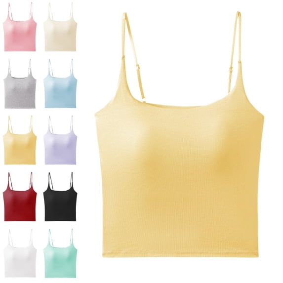 Bmisegm Built in Bra Tank Tops for Women Elegant Solid Color Sleeveless Camisole Slim Straps Relaxed Fit Seamless Back Layering Summer Womens Casual Tops Light Yellow L