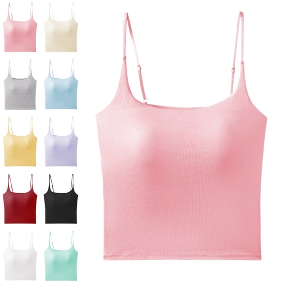 Bmisegm Built in Bra Tank Tops for Women Elegant Solid Color Sleeveless Camisole Slim Straps Relaxed Fit Seamless Back Layering Summer Womens Casual Tops Pink L