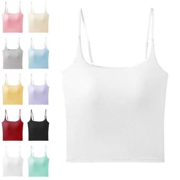 Bmisegm Built in Bra Tank Tops for Women Elegant Solid Color Sleeveless Camisole Slim Straps Relaxed Fit Seamless Back Layering Summer Womens Casual Tops White M