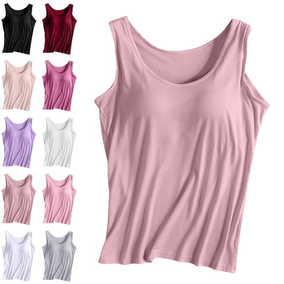Bmisegm Built in Bra Tank Tops for Women Sleeveless Drop Shoulder Round Neck Bra Cup Yoga Sports Vest Loose Womens Casual Tops PK2 XL