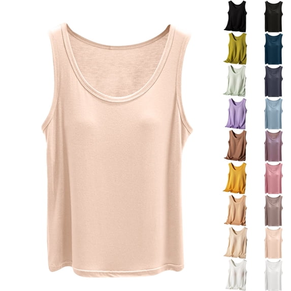 Bmisegm Built in Bra Tank Tops for Women Sleeveless Ribbed Round Neck Regular Fit Casual Solid Color Basic Vest Womens Tops Beige_002 XXL