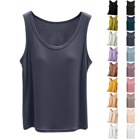 Bmisegm Built in Bra Tank Tops for Women Sleeveless Ribbed Round Neck Regular Fit Casual Solid Color Basic Vest Womens Tops Dark Gray_002 XL