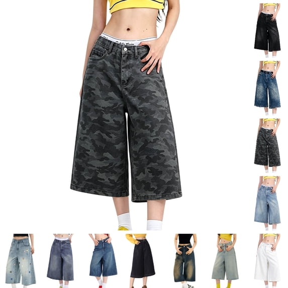 Bmisegm Capris Pants for Women Cargo Wide Leg Cropped Relaxed Fit 7/8 Length Denim Style Trousers Jean Pants for Women _003 L