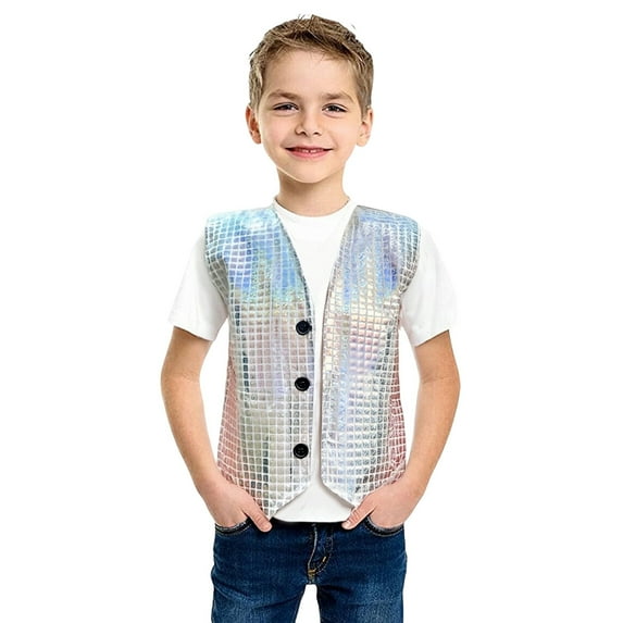 Bmisegm Carnival Themed Boys Vest With Cut Square Patchwork Sequin Applique For Stage Performance And Party Wear 5-6 Years 120