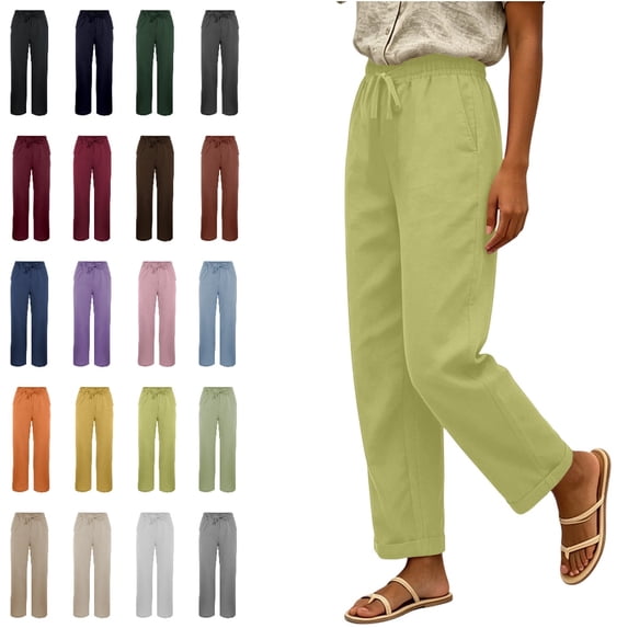Bmisegm Casual Pants for Women Drawstring Waist Side Pockets Regular Fit Solid Color Straight Leg Pants Women