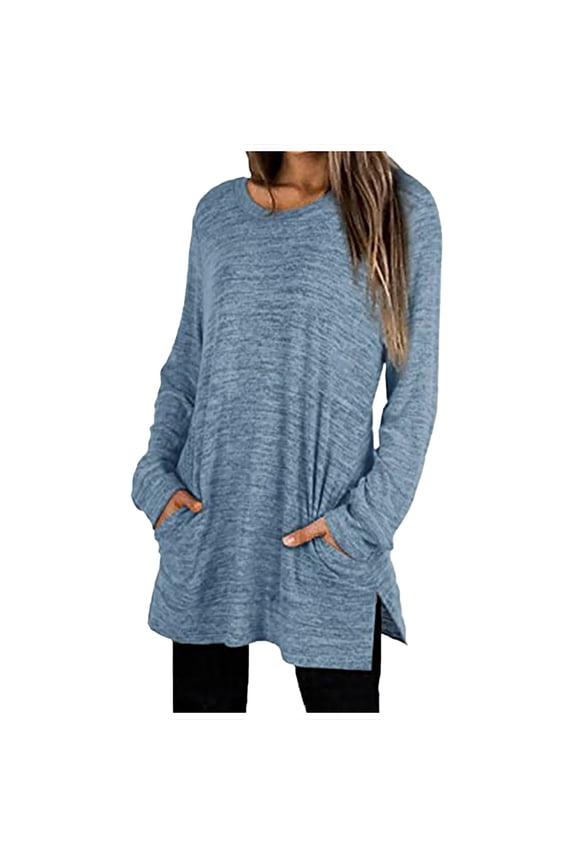Casual Plain Crewneck Split Side Long Sleeve Tops Womens Sweatshirt Tee Shirts with Pockets for Mid Length Wear Blue XXL
