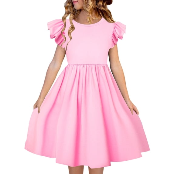 Bmisegm Children Kids Dress Fly Sleeve Crew Neck Summer Ruffle Sleeve for Daily Casual Wear Midi Dress for Girls 3-10 Years 02_Pink,7-8 Years