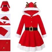 Bmisegm Christmas Dress Hooded Design with Reindeer Antlers Long Sleeve Belted Casual Holiday Kids Outfit Girls Dresses 4-5 Years