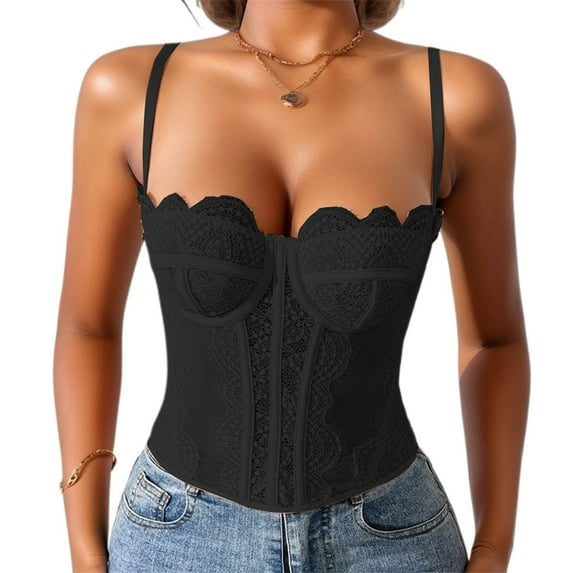 Bmisegm Corset Style Bustier Women's Vintage Lace Top Outerwear Piece Black L
