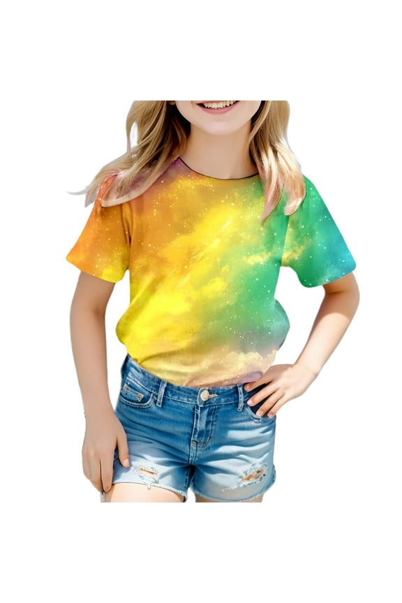 Cute Tops for Teen Girls Galaxy Shirt Girls Short Sleeve Crew Neck Fancy T-Shirt Top Teenager Girls 3D Print Glitter Tops for Carnival Girls Tops 8-9 Years 140