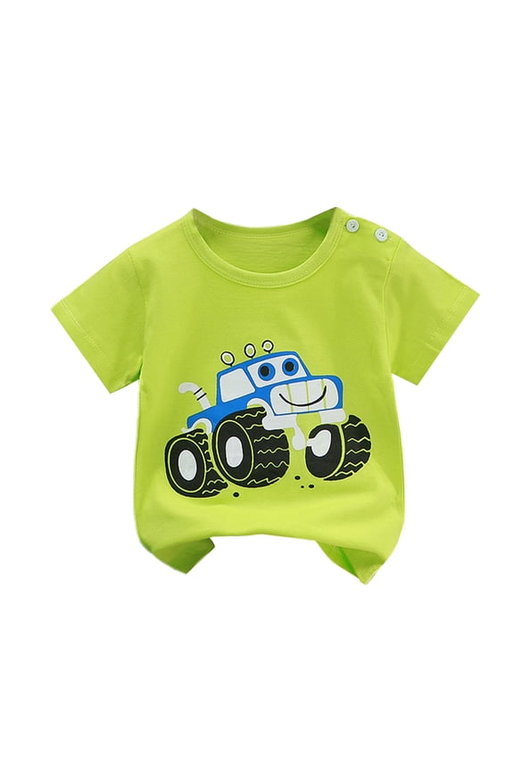 Cute Tops For Summer Childrens Green Car Cartoon Print Pure Cotton Short Sleeve T-Shirt Casual Comfortable Top For Kids 100 Days Of School Shirt Boys 5-6 Years 120