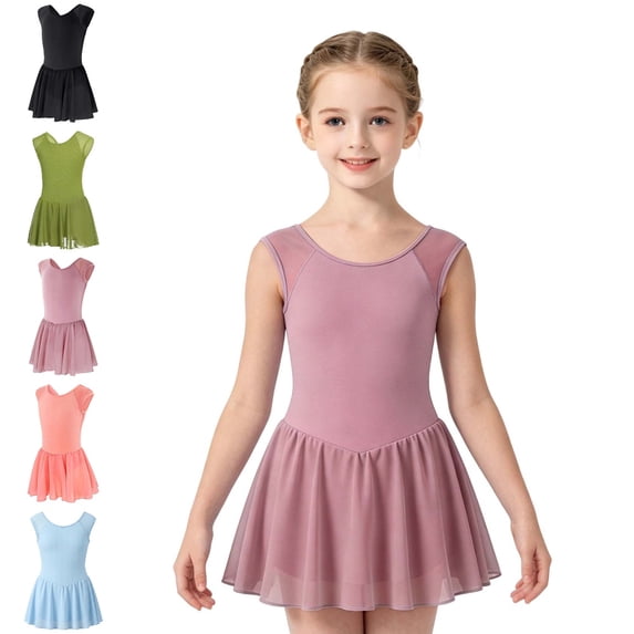 Bmisegm Dance Leotard for Girls Sleeveless Round Neck Leotard with Attached Flowy Skirt Ballet Practice Girls Dresses 7-8 Years