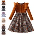 thumbnail image 1 of Bmisegm Dresses for Girls Contrast Floral Print Long Sleeve Ruffle Shoulder Tie Waist A Line Swing Dress Casual Girls Dress 6-7 Years, 1 of 9