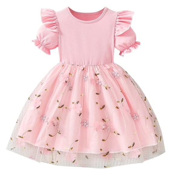 Bmisegm Dresses for Girls Floral Print Mesh Casual Play Outfit Soft Daily Comfortable Toddler Kids Toddler Princess Dress