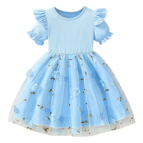 Bmisegm Dresses for Girls Floral Print Mesh Casual Play Outfit Soft Daily Comfortable Toddler Kids Toddler Princess Dress