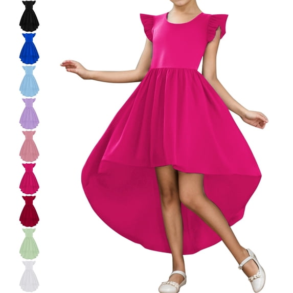 Bmisegm Dresses for Girls Flutter Sleeve Round Neck Fitted Waist High Low Hem Swing Formal Dress Girls' Dresses 7-8Years