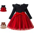 thumbnail image 1 of Bmisegm Dresses for Girls Long Sleeve Ruffle Shoulder Dotted Print Bow Tiered Flowy Skirt Casual Kids Dress 4-5 Years, 1 of 5