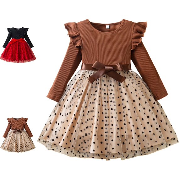 Bmisegm Dresses for Girls Long Sleeve Ruffle Shoulder Dotted Print Bow Tiered Flowy Skirt Casual Kids Dress 6-7 Years