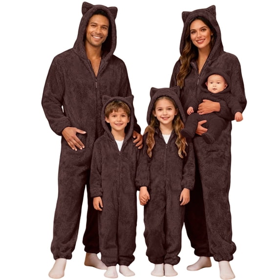 Bmisegm Family Christmas Pajamas Red Cat Ear Hooded Zippered Jumpsuit Long Sleeve Soft Warm Sleepwear for Kids