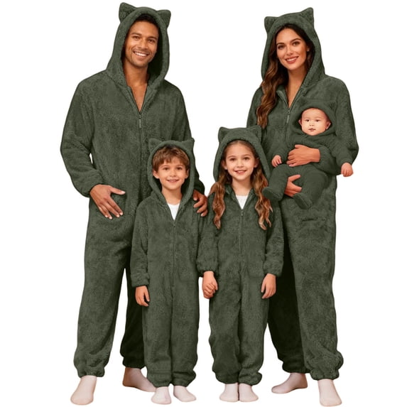 Bmisegm Family Matching Christmas Pajamas Cat Ear Hooded Zippered Jumpsuit Long Sleeve Cozy Comfortable Sleepwear for Kids